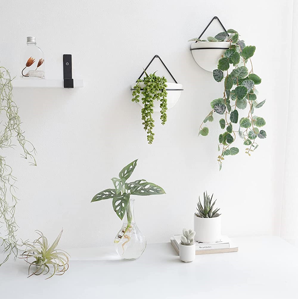 small ceramic wall planters white with balck metal
